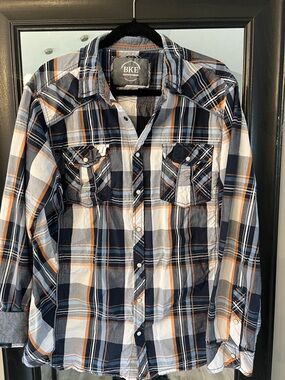 BKE Navy, White & Orange Plaid Western Button-Up Shirt